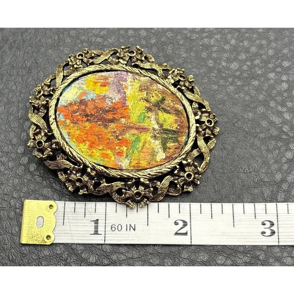 Vintage Ornate Landscape Painting Cameo Victorian Revival Brooch Gold Tone